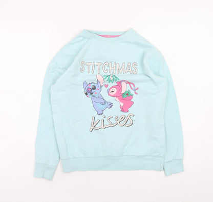 Front view of Disney Stitch girls’ blue christmas pullover sweatshirt 10-11 years primark