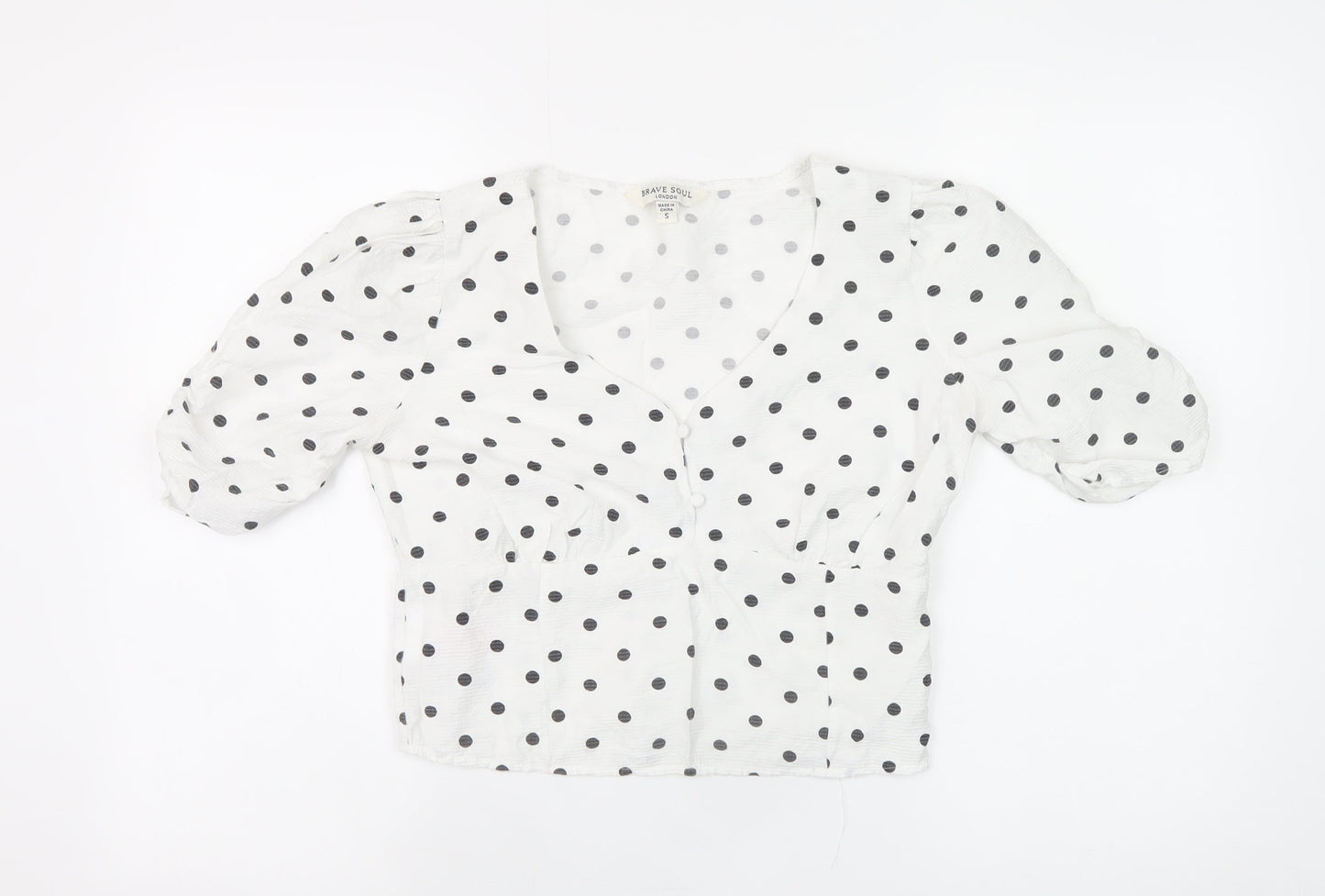 Brave Soul Womens White Polka Dot V-Neck Cropped Blouse Size S