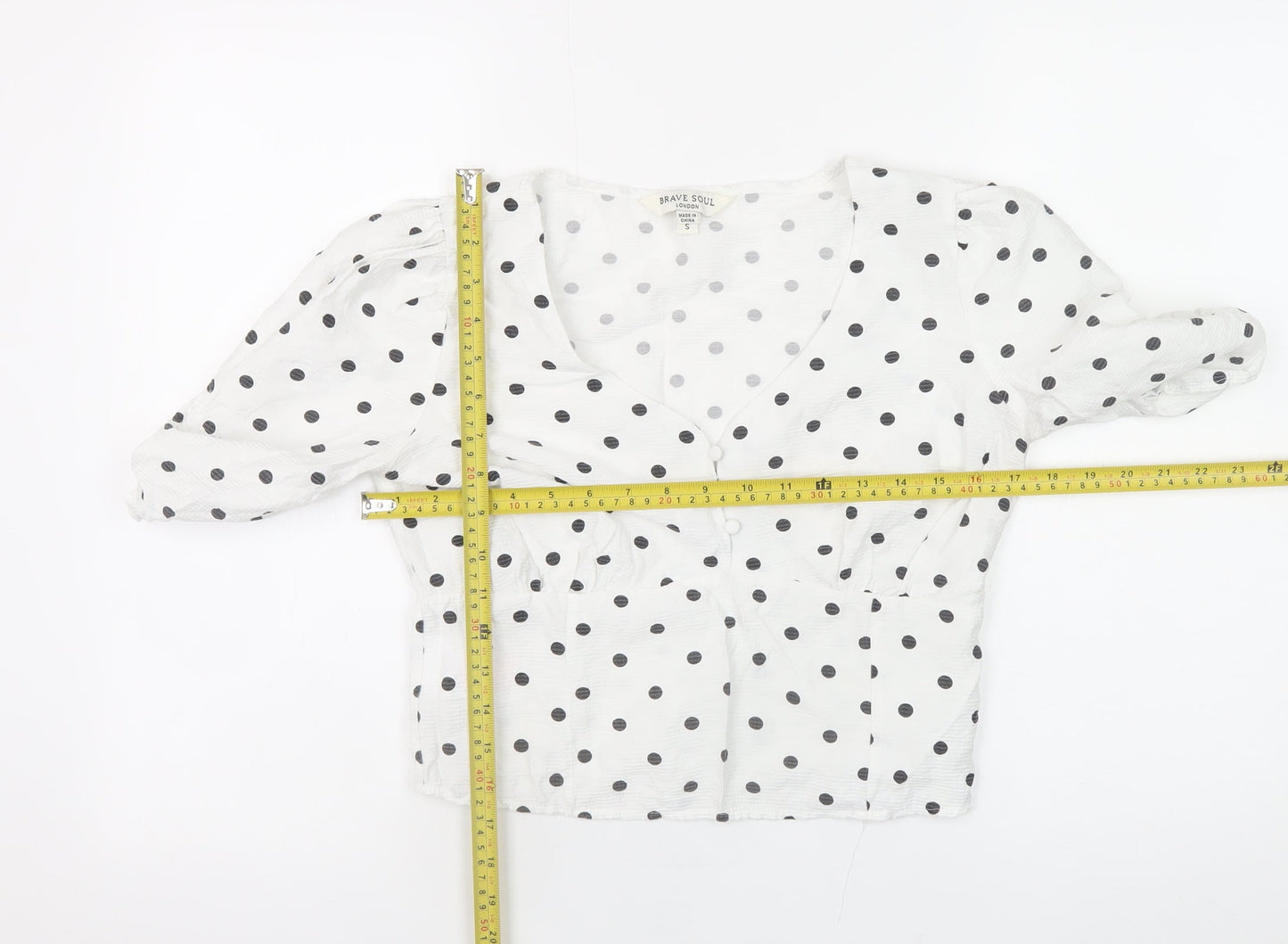 Brave Soul Womens White Polka Dot V-Neck Cropped Blouse Size S