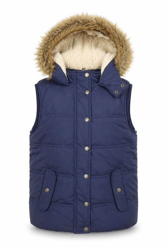 Front view of FatFace girls’ blue faux fur hooded puffer gilet 10-11 years