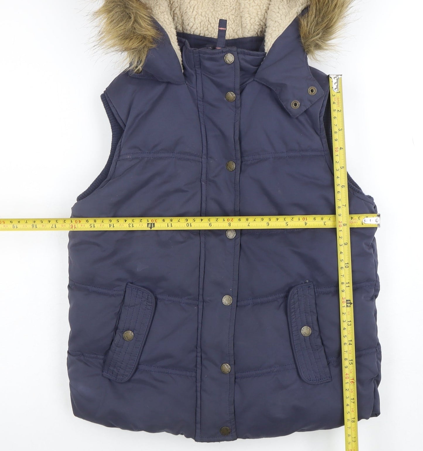 FatFace Girls Blue Faux Fur Hooded Puffer Gilet 10-11 Years