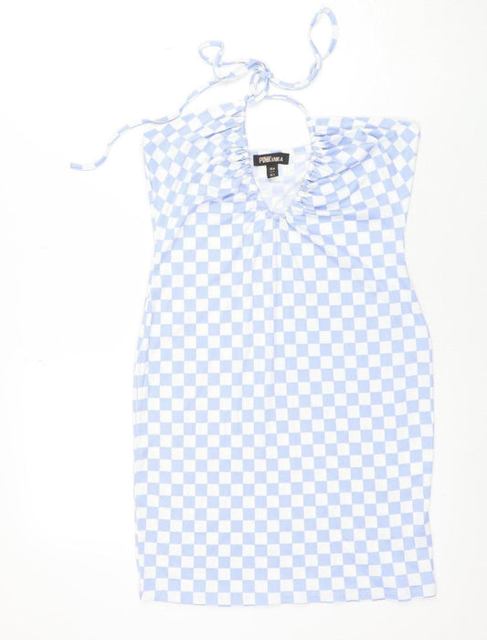 Pink Vanilla Women's Blue Check Bodycon Halter Dress M