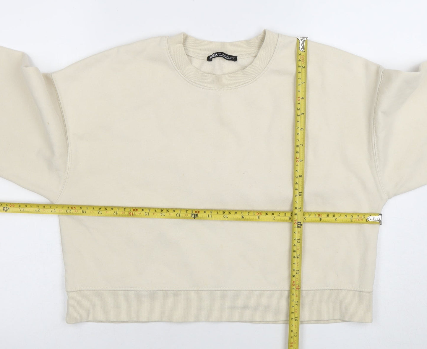 Zara Women Beige Crew Neck Pullover Sweatshirt Size S Cotton Blend