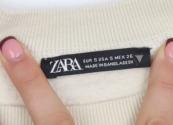 Zara Women Beige Crew Neck Pullover Sweatshirt Size S Cotton Blend