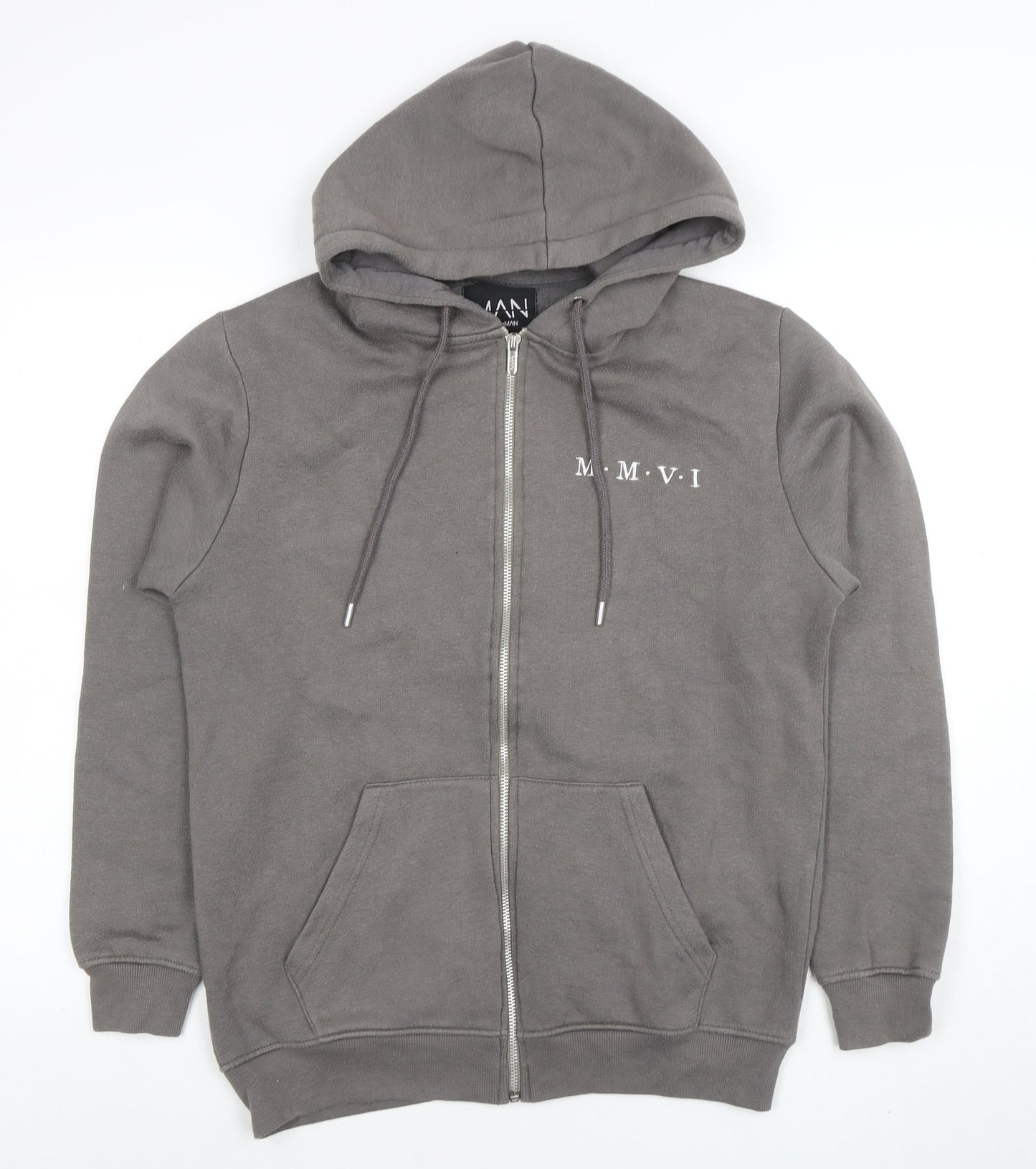 boohooMAN Men's Grey Full Zip Hoodie Size S Cotton Blend
