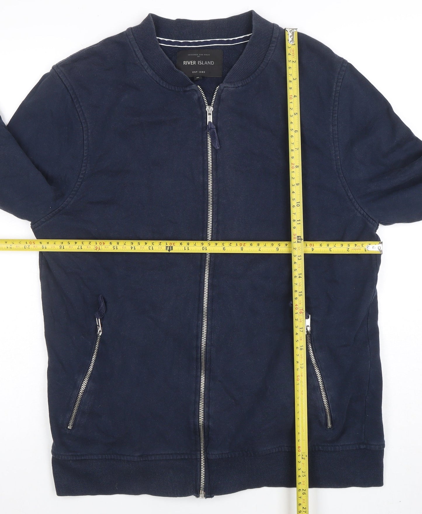 River Island Men's Blue Full Zip Cotton Sweatshirt Size M
