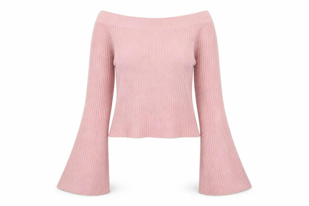 ROMWE Womens Pink Ribbed Bell Sleeve Knit Jumper Size 8