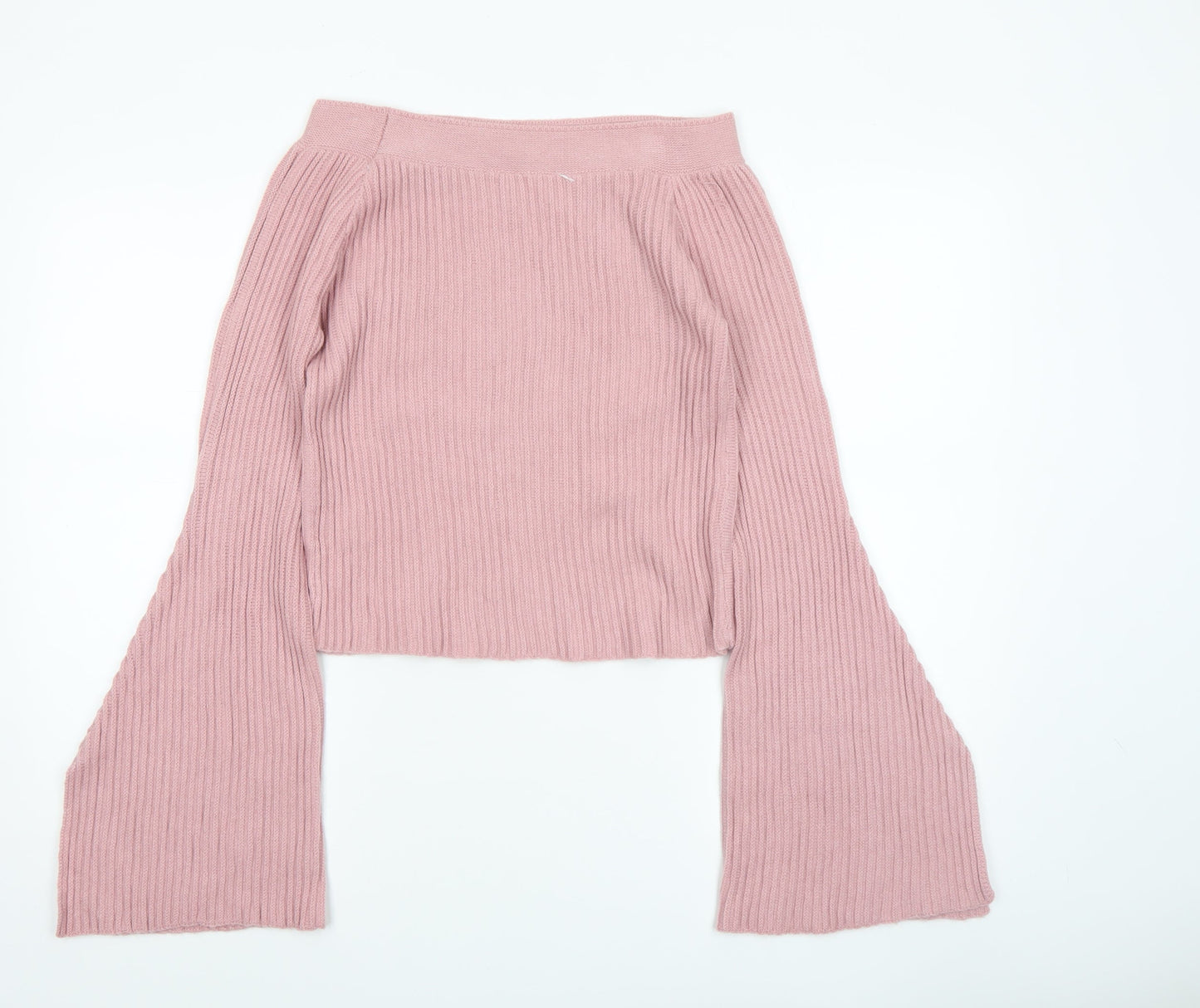 Romwe Womens Pink Ribbed Bell Sleeve Knit Jumper Size 8