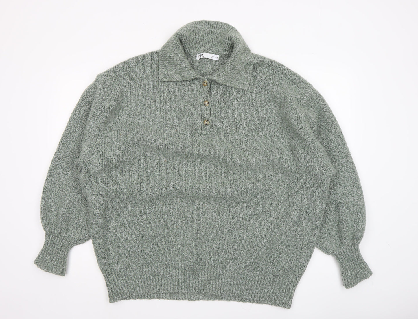 Zara Womens Green Collared Henley Knit Jumper Size 12
