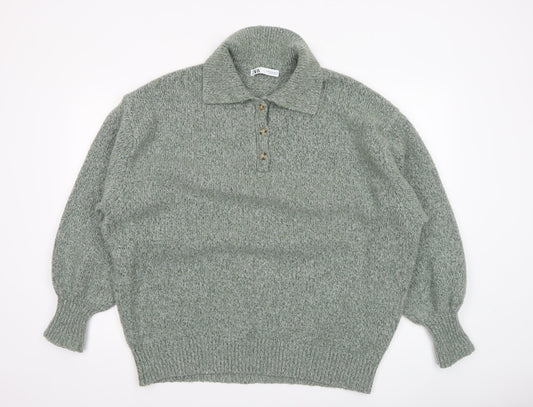 Zara Womens Green Collared Henley Knit Jumper Size 12