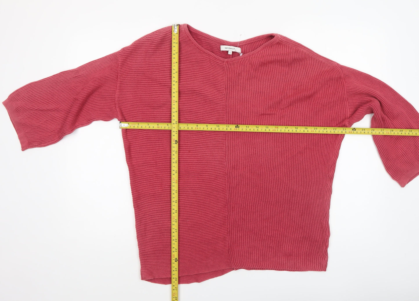 Sandwich Womens Red Cotton Rib Knit 3/4 Sleeve Pullover Jumper Size M