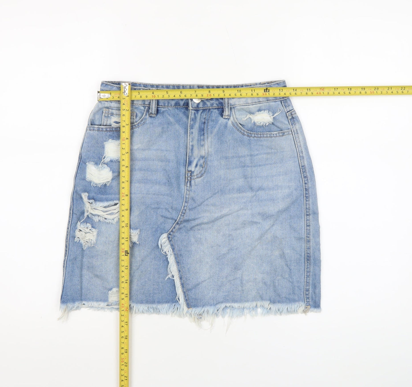 Hello Miss Womens Blue Distressed Denim Mini Skirt Size 12