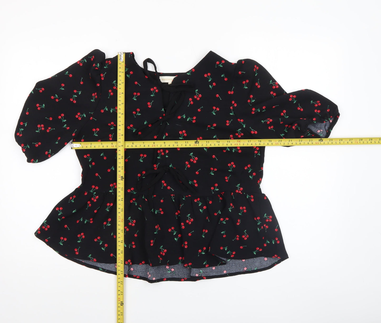 Monteau Los Angeles Women's Black Cherry Print Tunic Blouse Size L
