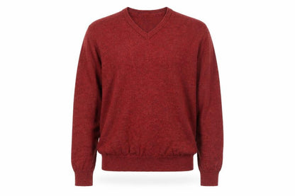 Front view of Dunnes Men Red Cotton V-Neck jumper, size L