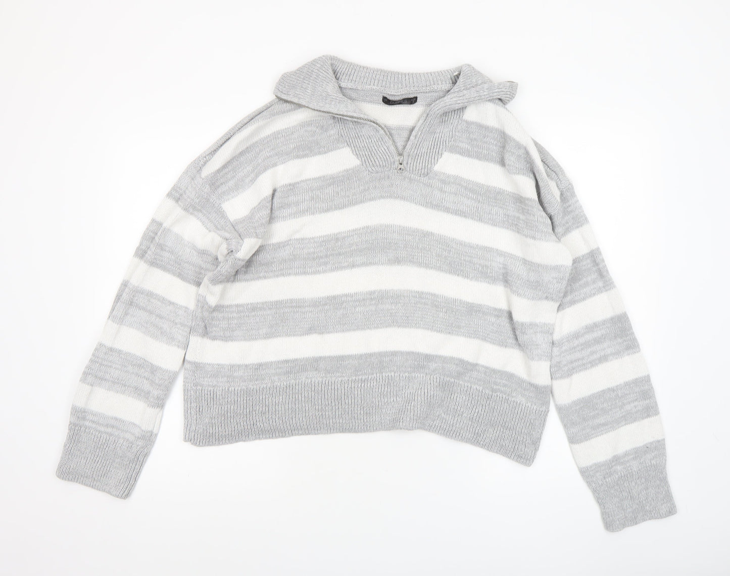 Dunnes Women's Grey Striped Collared 1/4 Zip Knit Jumper Size L