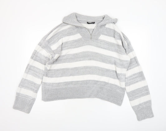 Dunnes Women's Grey Striped Collared 1/4 Zip Knit Jumper Size L