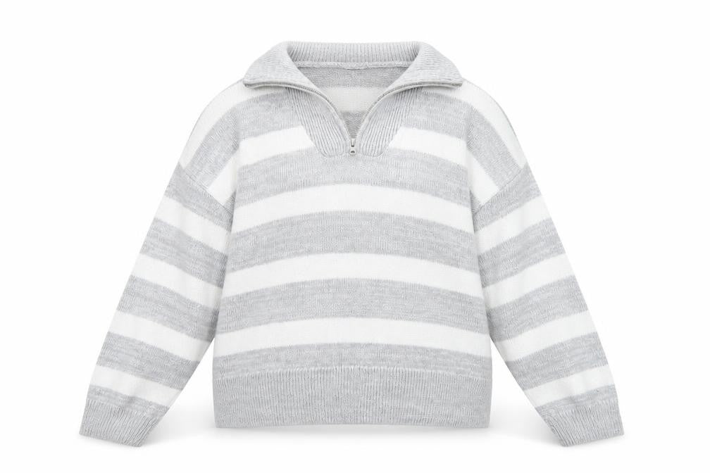 Dunnes Women's Grey Striped Collared 1/4 Zip Knit Jumper Size L