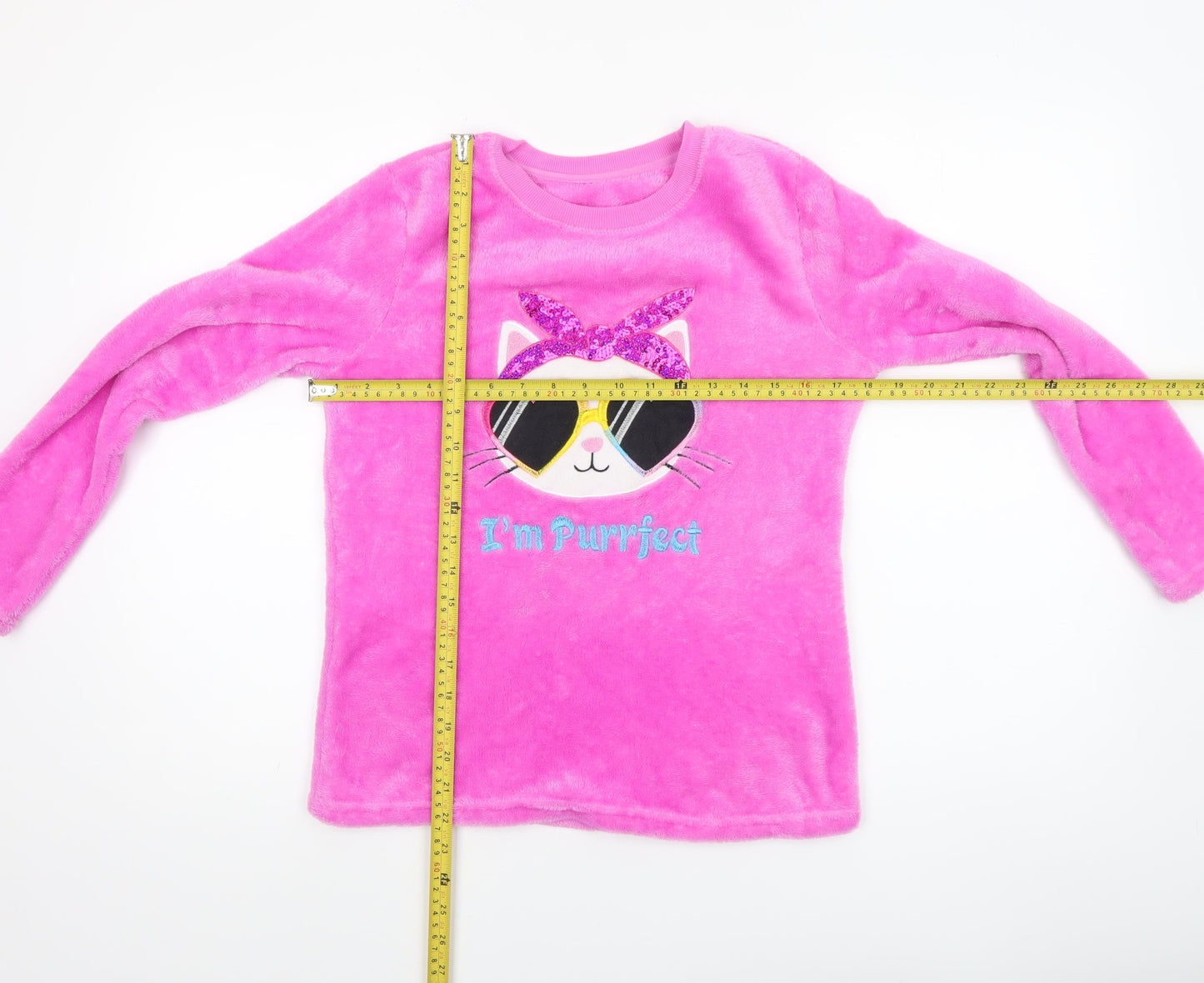 Dunnes Stores Girls Pink Fleece Cat Pyjama Top 10-11 Years Long Sleeve