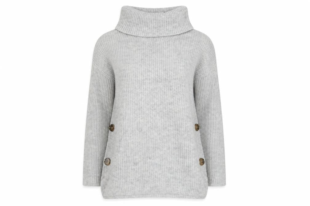 Tu Women’s Grey Roll Neck Chunky Knit Button Jumper Size M