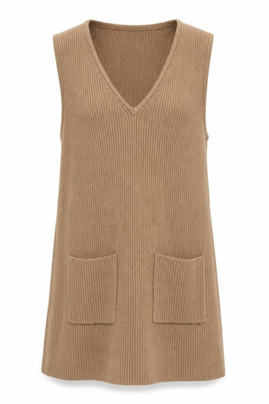 Harkel Women Beige Ribbed Knit V-Neck Sleeveless Jumper Dress Size 14