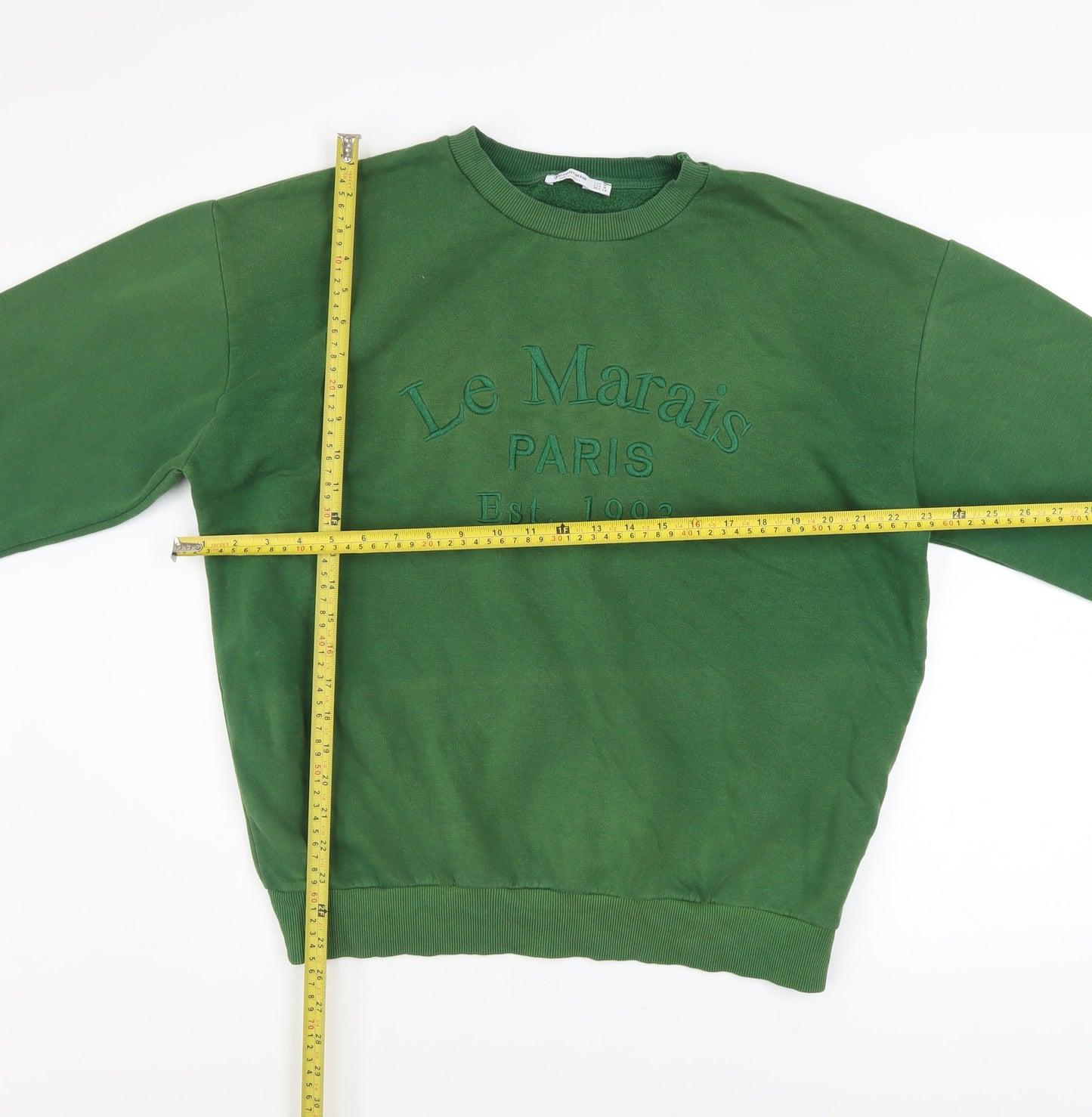 Stradivarius Womens Green Pullover Sweatshirt Medium Le Marais Paris Embroidered