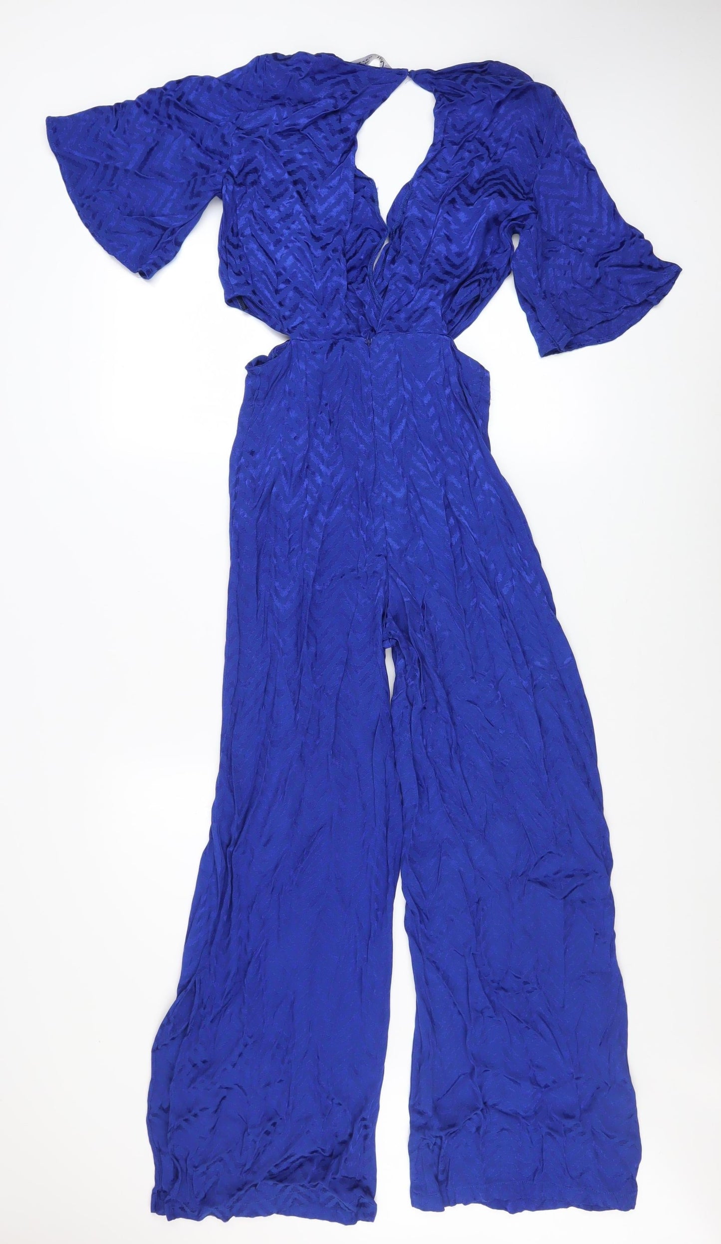 Zara Women's Blue Wide-Leg Jumpsuit XS V-Neck Keyhole Back Elegant Style