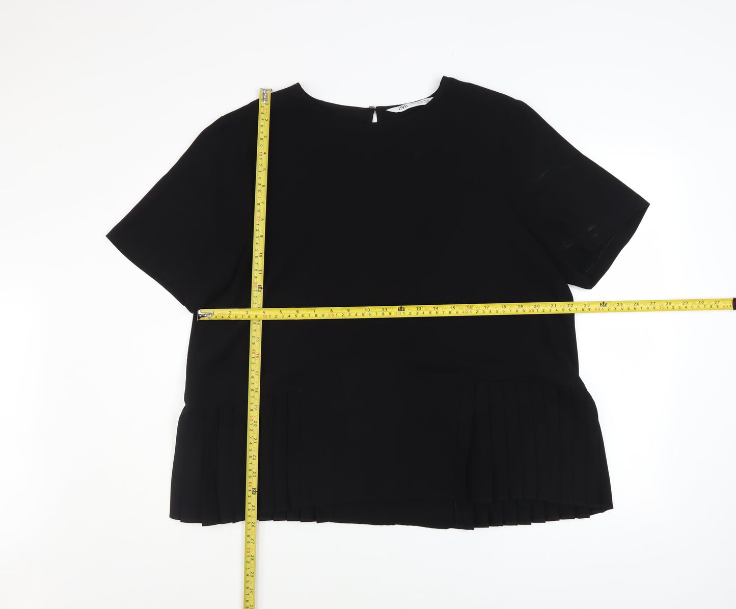Zara Women Black Pleated Hem Short Sleeve Blouse Size 18