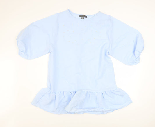 Primark Women Blue Beaded Ruffle Tunic Blouse Size 14