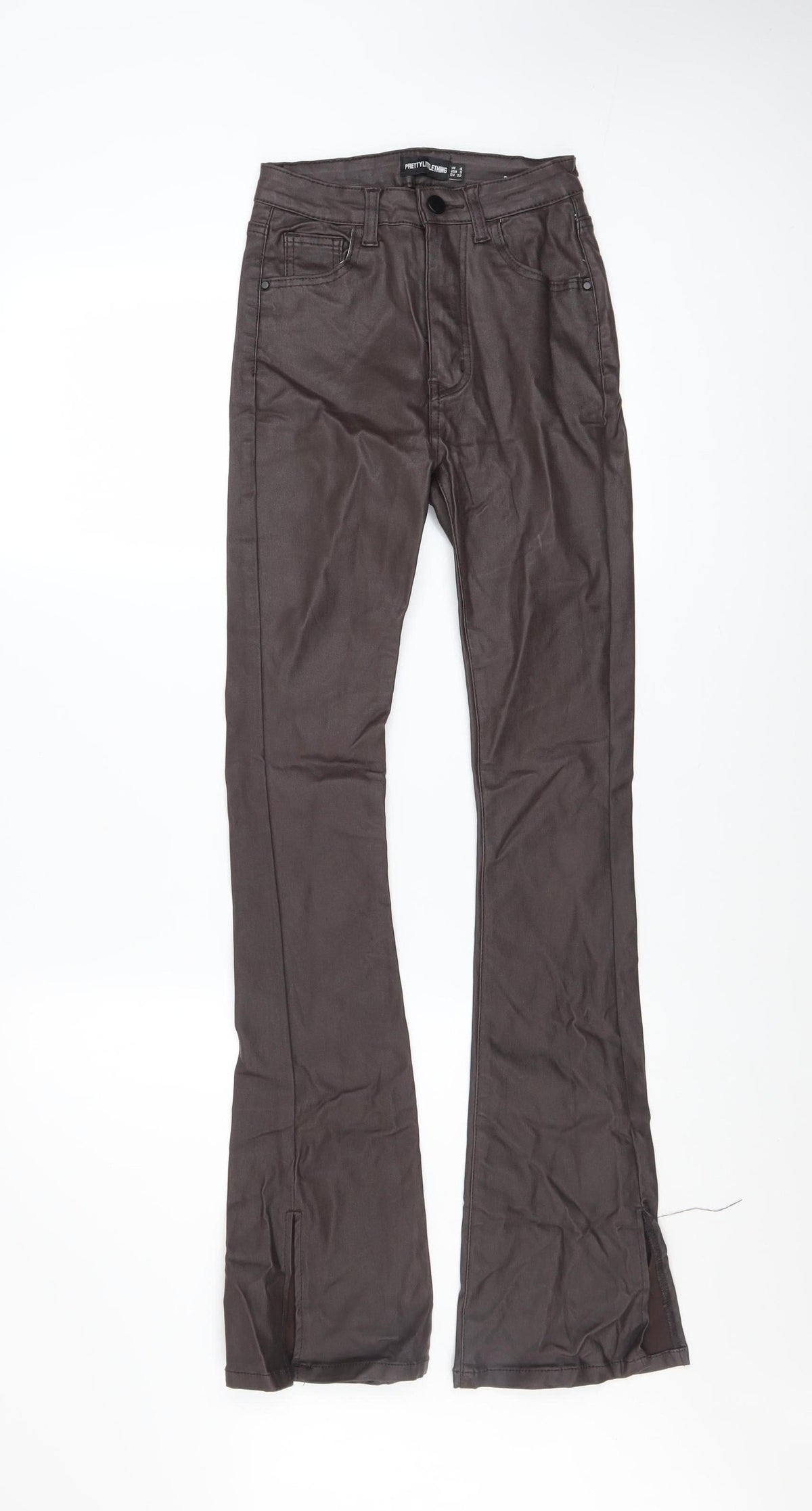 PrettyLittleThing Womens Brown Faux Leather Flared Trousers UK 4 Slim Fit