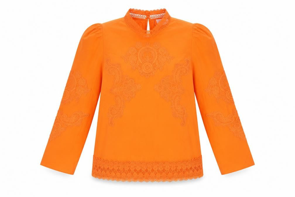 Savida Women's Orange Lace High Neck Tunic Blouse Size 16