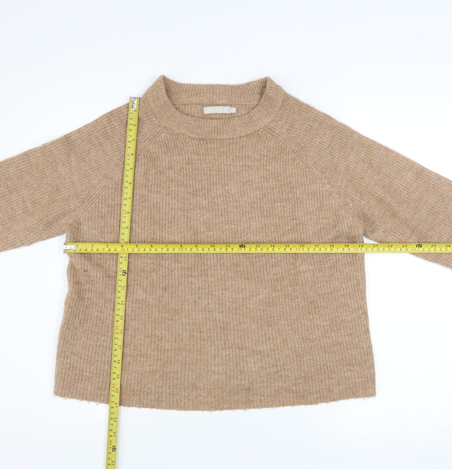 Pieces Women’s Beige Crew Neck Rib Knit Pullover Jumper Size M