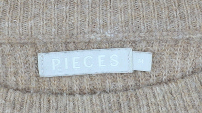 Pieces Women’s Beige Crew Neck Rib Knit Pullover Jumper Size M