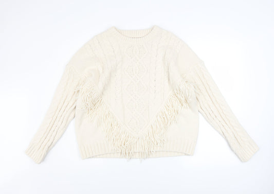 Primark Womens Ivory Cable Knit Fringe Pullover Jumper Size L