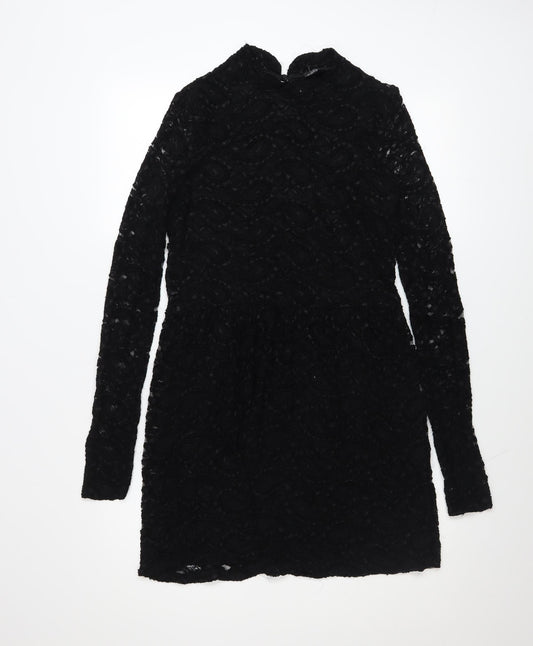 Topshop Women’s Black Lace Long Sleeve Bodycon Short Dress UK 12