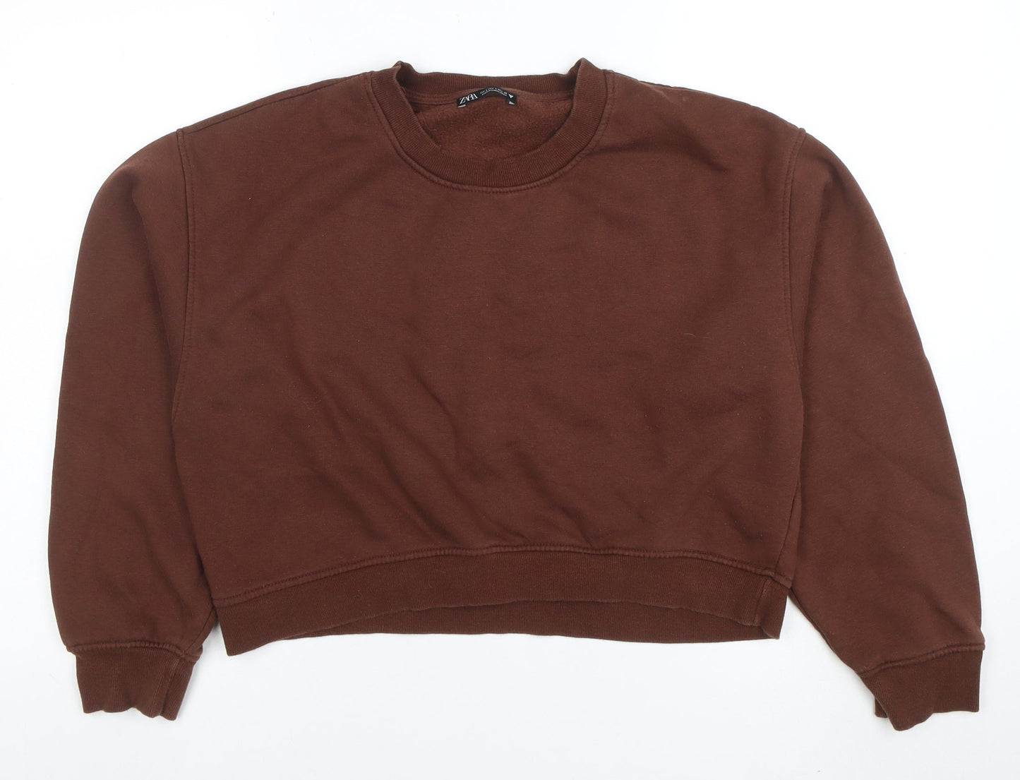 Zara Women Brown Cotton Blend Pullover Sweatshirt L Relaxed Fit