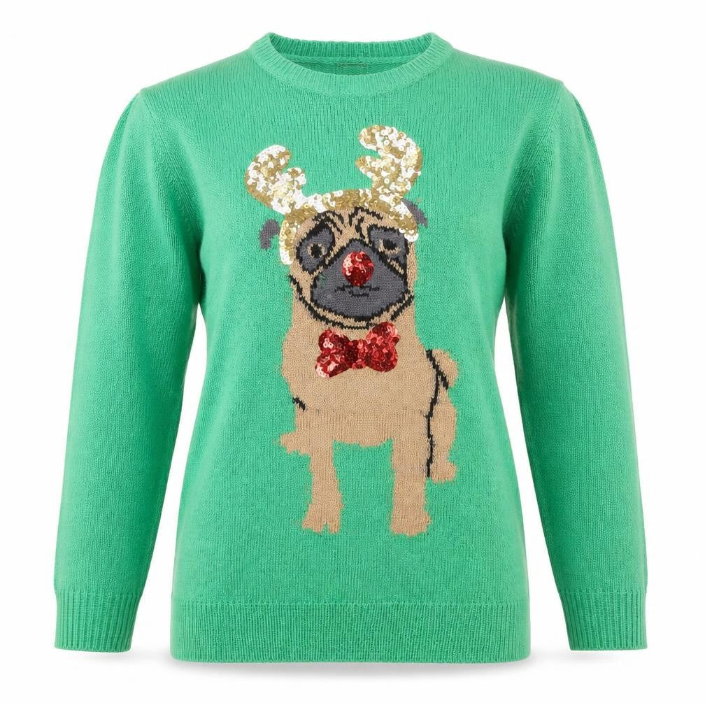 ASOS Women’s Green Sequin Pug Christmas Knit Jumper Size 8