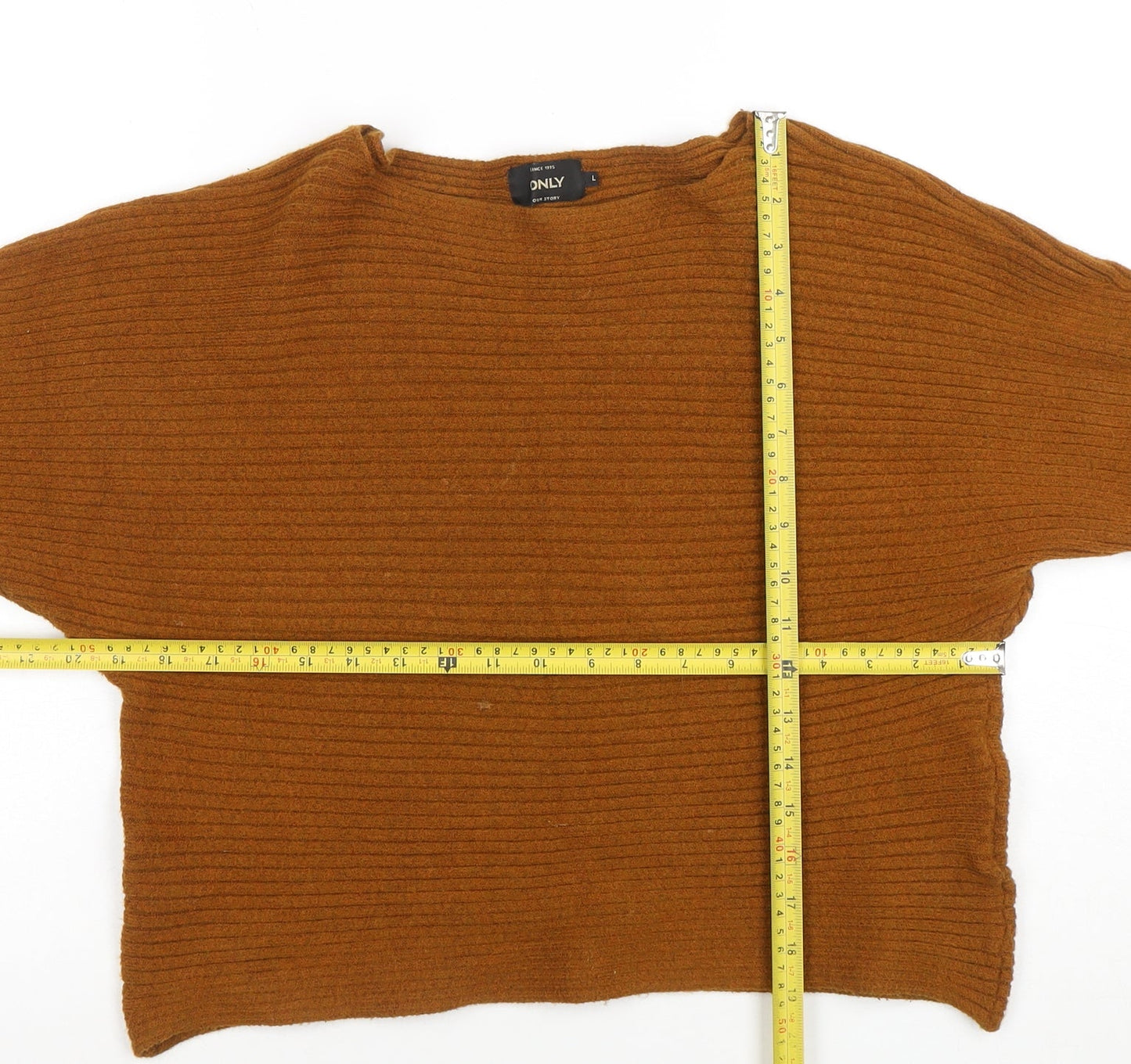 ONLY Women’s Brown Ribbed Boat Neck Long Sleeve Jumper Size L