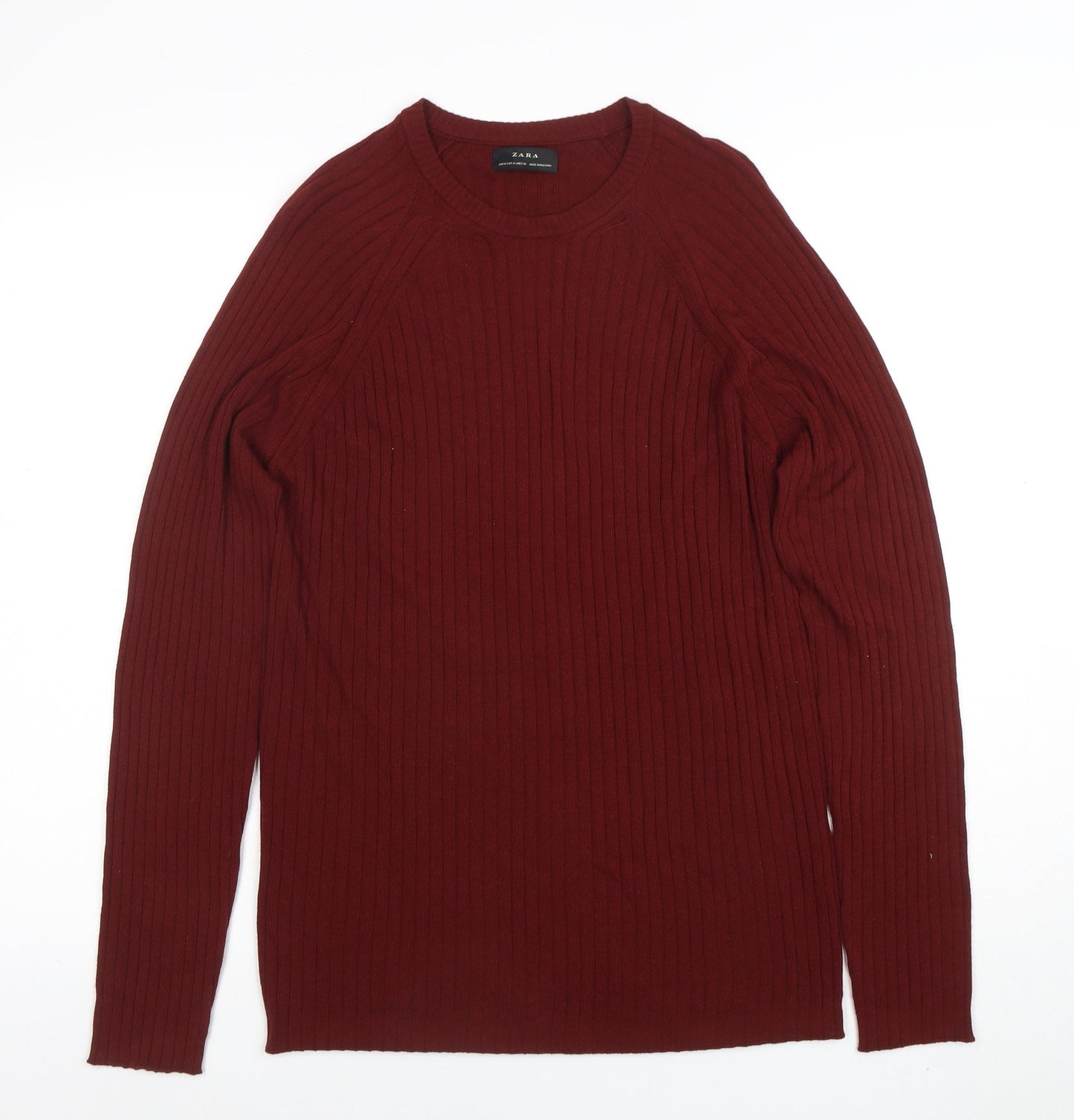 ZARA Women Red Wool Crew Neck Ribbed Knit Jumper Size M