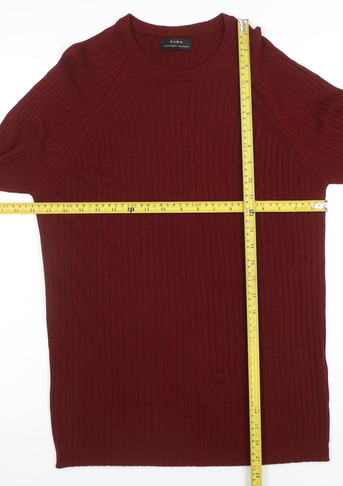 ZARA Women Red Wool Crew Neck Ribbed Knit Jumper Size M
