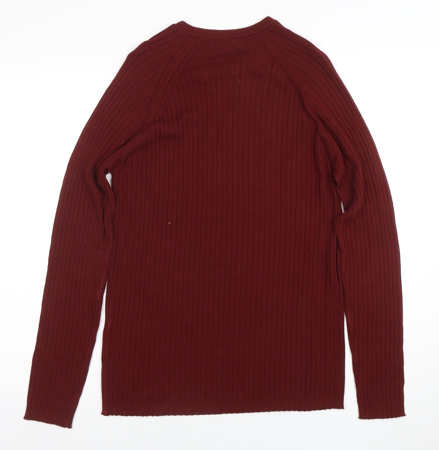 ZARA Women Red Wool Crew Neck Ribbed Knit Jumper Size M