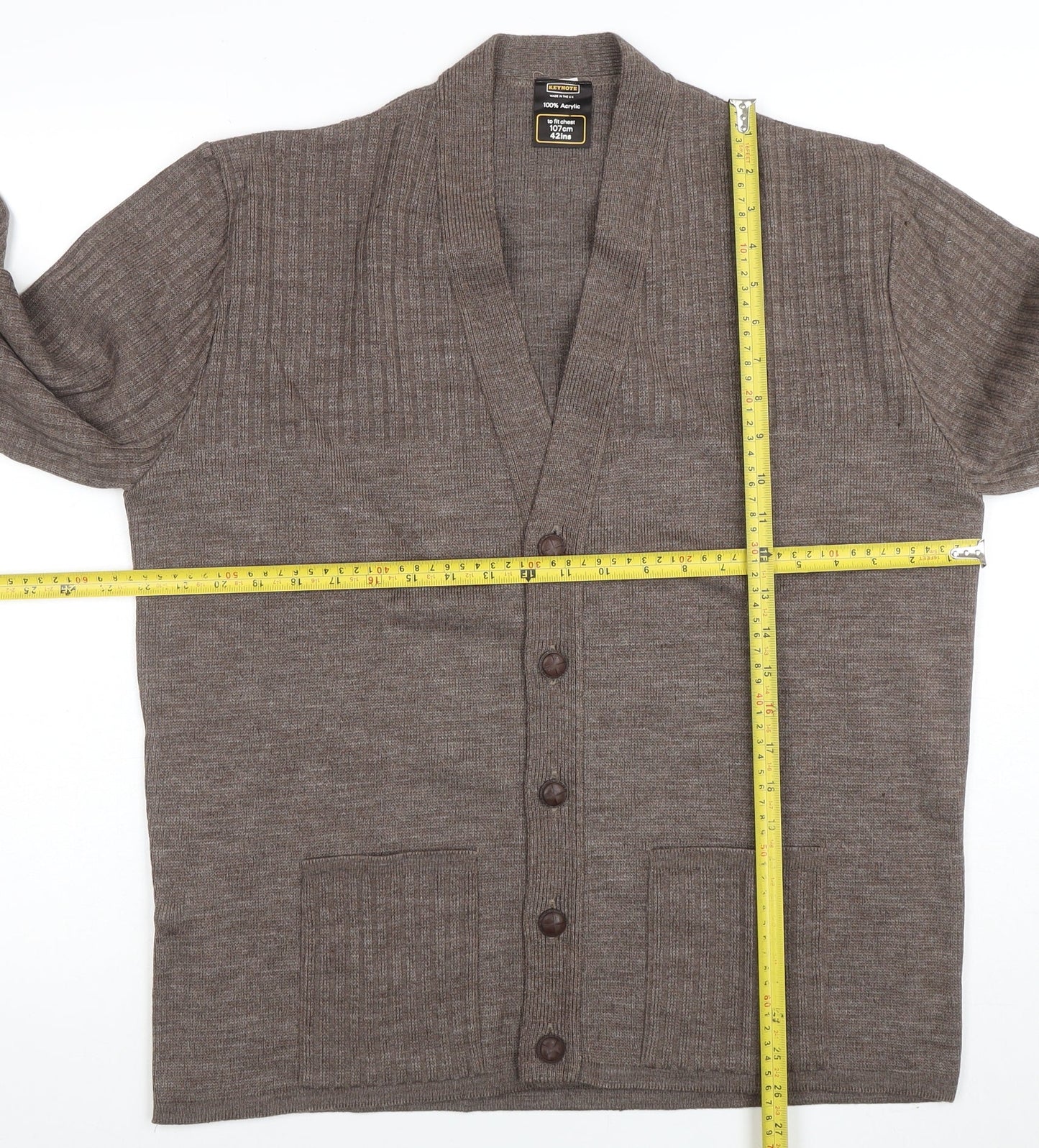 Keynote Mens Brown L Acrylic Button Cardigan Knit V-Neck Jumper
