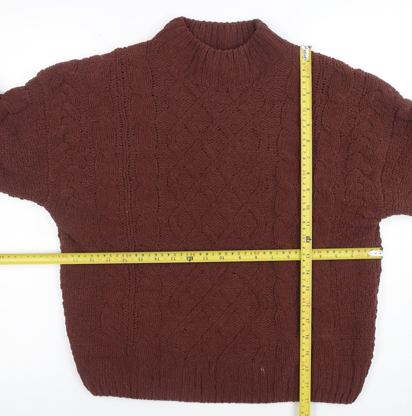 Primark Women Brown Cable-Knit Jumper Size S Mock Neck Long Sleeve