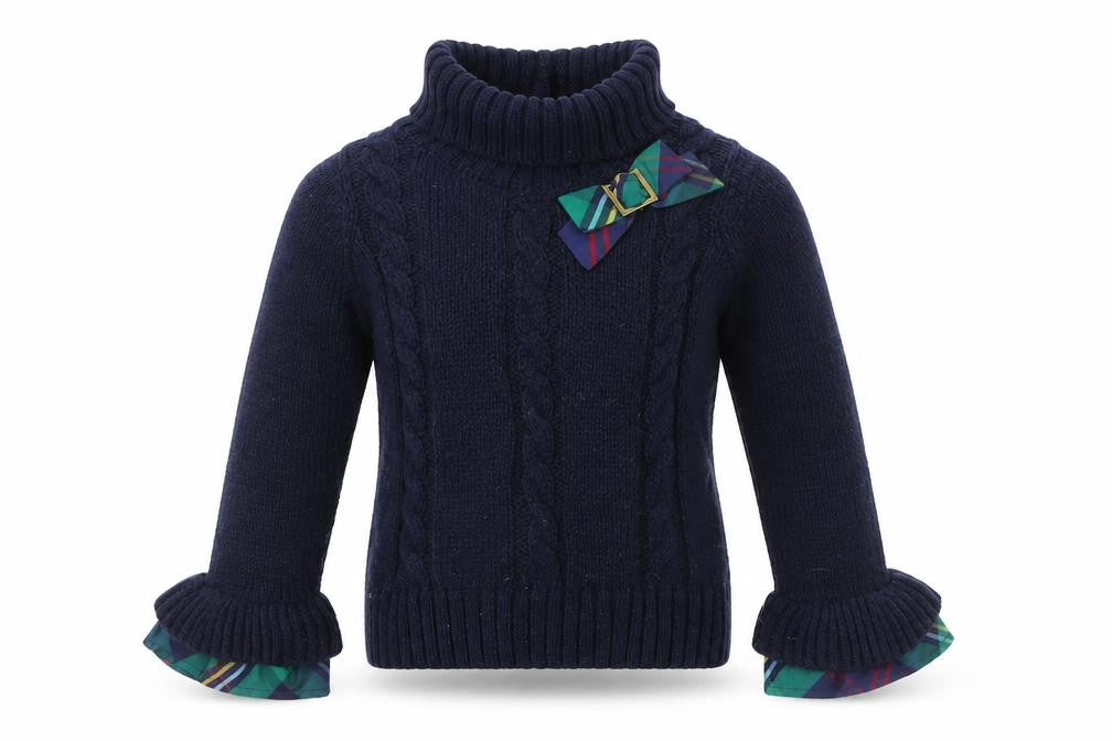 Janie and Jack Girls Navy Blue Cable Knit Henley Jumper with Bow 4 Years