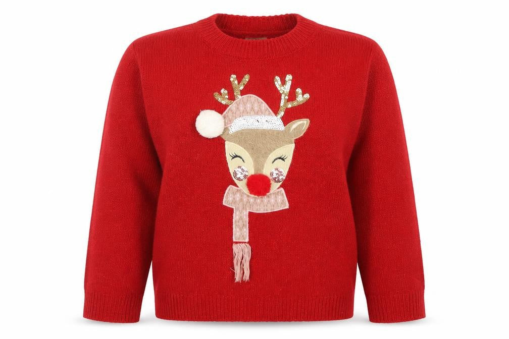 F&F Girls Red Reindeer Christmas Pullover Jumper 9-10 Years Sequin Detail