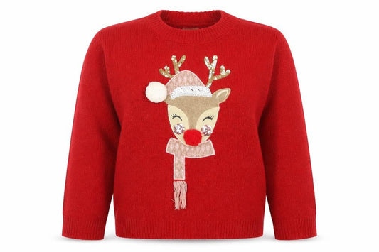 F&F Girls Red Reindeer Christmas Pullover Jumper 9-10 Years Sequin Detail
