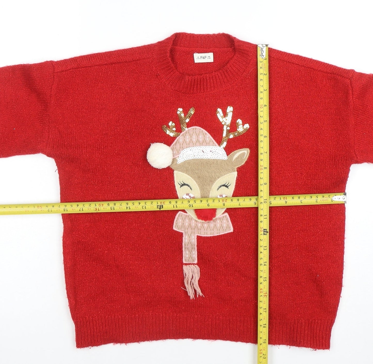 F&F Girls Red Reindeer Christmas Pullover Jumper 9-10 Years Sequin Detail