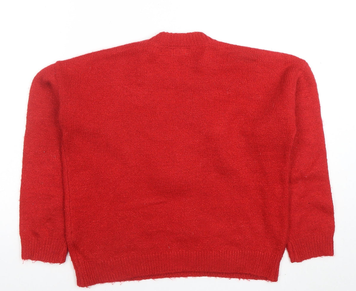 F&F Girls Red Reindeer Christmas Pullover Jumper 9-10 Years Sequin Detail