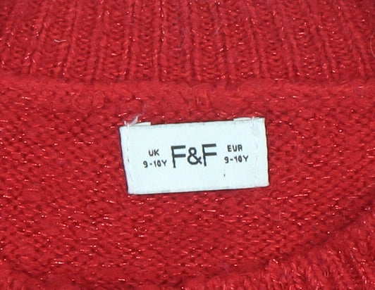 F&F Girls Red Reindeer Christmas Pullover Jumper 9-10 Years Sequin Detail