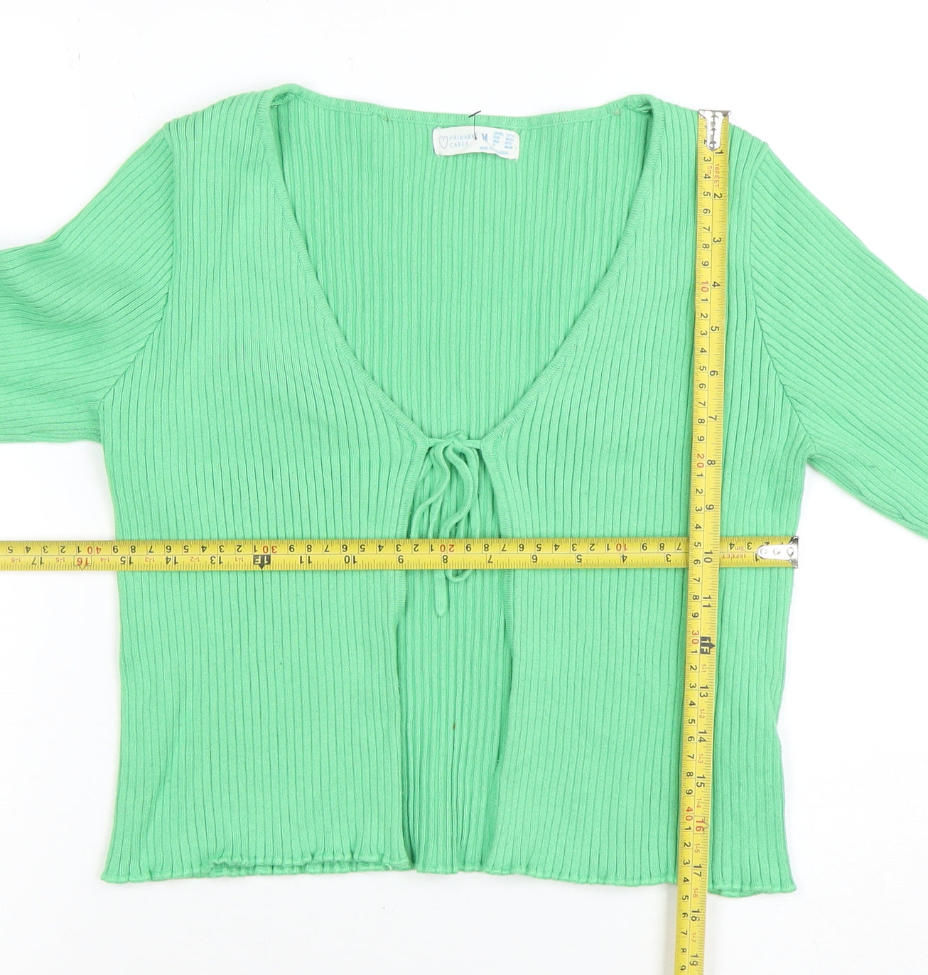 Primark Women Green Ribbed Tie Front V-Neck Cardigan M