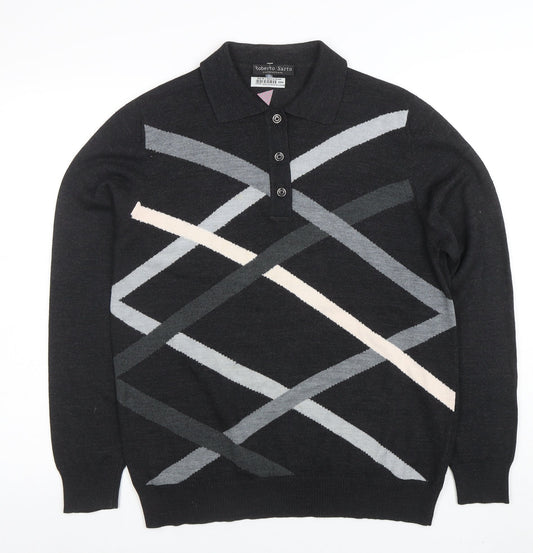 Roberto Sarto Men Black Wool Geometric Collared Henley Jumper M